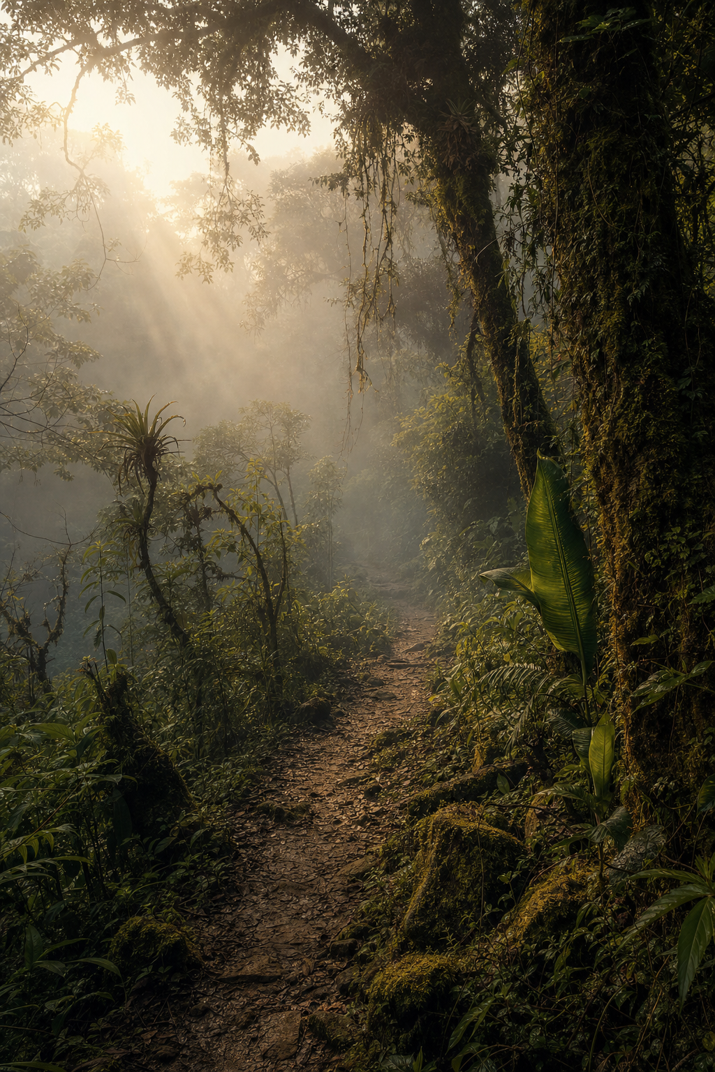 A misty jungle trail through remote highland forest